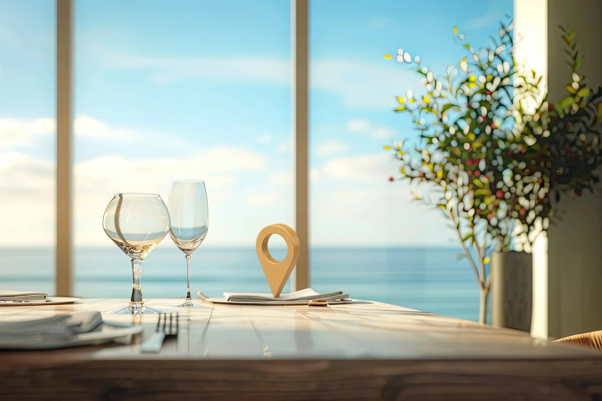 Une table dressée face à la mer, baignée de lumière, avec le repère doré Detec’Table